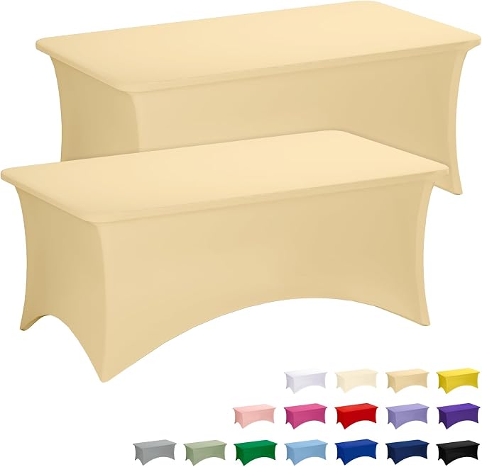 Fixwal Champagne Stretch Table Cloth Rectangle 2 Pack 6Ft, Spandex Fitted Table Covers Washable for Party, Trade Show, Banquet, Wedding, Buffet