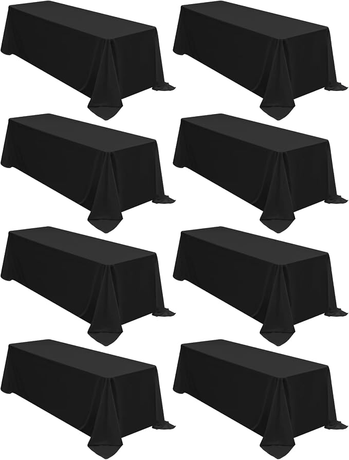 Fani 8 Packs 90 x 132 Inch Black Polyester Tablecloth, Rectangular, Wrinkle Resistant, For 6ft Tables, Formal & Casual Events