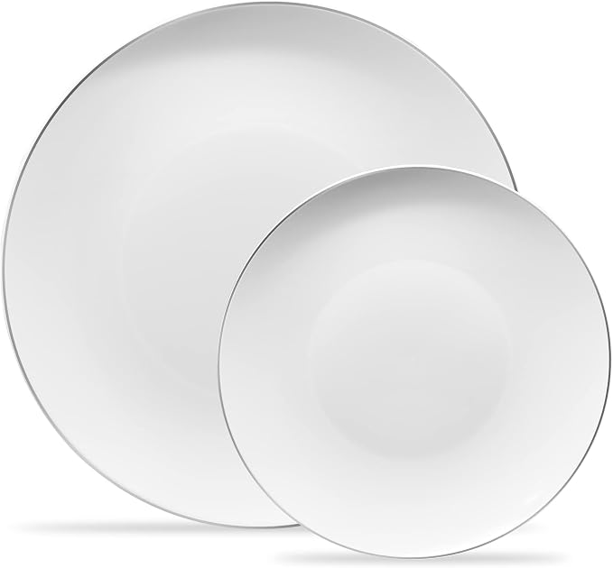 Plasticpro 64 Piece Combo Plates Set - 32-7'' & 32-10'' White Plates with Silver Rim - Premium Heavyweight, Disposable Tableware