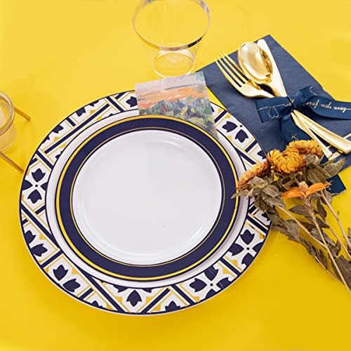 Nervure 175PCS Blue Plastic Plates - White Blue Gold Disposable Plates Include 25Dinner Plate, 25Dessert Plate, 25Cups, 25Forks, 25Knives, 25Spoons, 25Napkins for Wedding & Party
