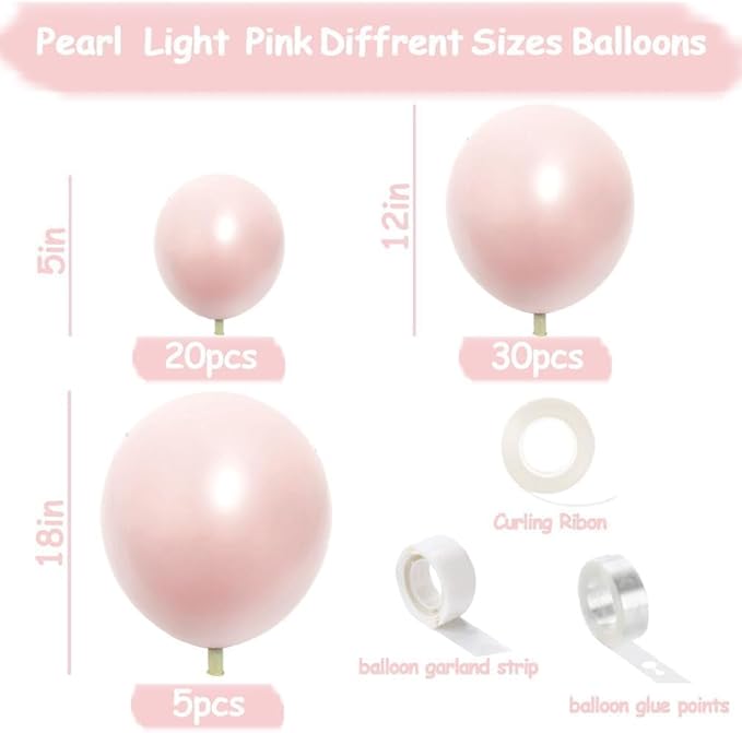 Pearl Pink Balloons Double Stuffed Pastel Light Pink Balloon Arch Kit Thick Latex Different Sizes 18/12/5in Balloon Garland for Birthday Wedding Baby Shower Bridal Mother‘s Day Party Decor