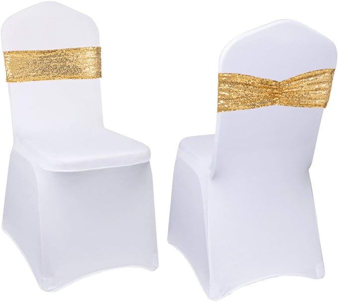 Eternal Beauty Set of 30 Gold Sequin Chair Bands Bows Chair Sashes for Wedding Folding Chairs