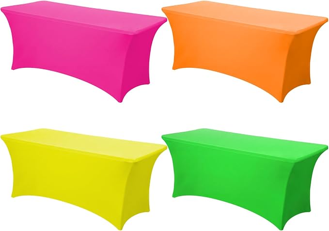 Frienda 4 Pcs Neon Color Tablecloth Stretch Spandex 71 x 30'' Neon Color Table Cloth Rectangle Table Cover for Birthday Banquet Picnic Holiday Party Decorations