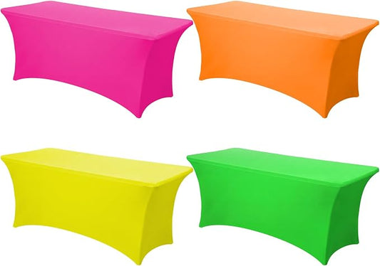 Frienda 4 Pcs Neon Color Tablecloth Stretch Spandex 71 x 30'' Neon Color Table Cloth Rectangle Table Cover for Birthday Banquet Picnic Holiday Party Decorations