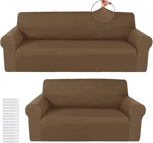Peryiter 2 Pcs Sofa Covers Couch and Loveseat Covers Set Stretch Sofa Slipcover for Living Room Armchair Furniture Protector, Wrinkle Proof(Chocolate,Milk Silk)