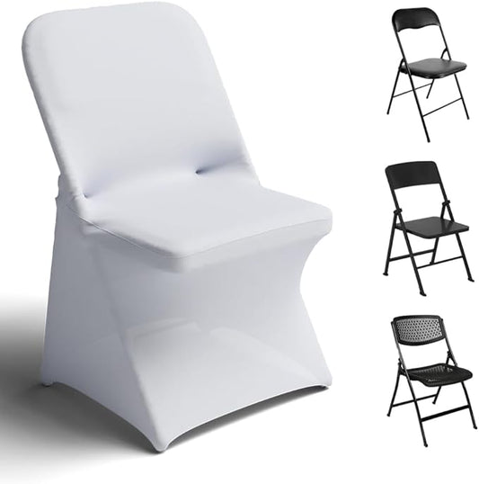 Trlyc Spandex Folding Chair Covers 50 Pcs Universal Fitted Stretchy Dining Chair Slipcovers for Wedding Party Banquet Flat-Front Chairs Cover (White)