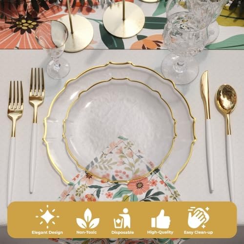 Exquisite Tinted Plates 80-Piece Plastic Disposable Party Set for 40 Guests - 40 X 7.5 Dessert Plates & 40 X 10 Thin Delicate Fancy Dinnerware with Clear Gold Rim
