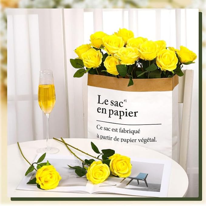 36 Pcs Silk Yellow Rose Bouquet Bridal Artificial Flowers,Fake Rose Long Stem Realistic Flowers Bulk for Wedding Bouquet Ball Arrangement Centerpiece Party Decor