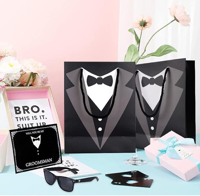 6 Pieces Groomsmen Gifts Set : 1 Pcs 8oz Stainless Steel Tuxedo Flask 1 Pcs Poker Bottle Cap Opener 1 Pcs Groomsmen Gauge Glasses 1 Pcs Sunglasses 1 Pcs Card 1 Pcs Groomsmen Gift Bags for Wedding