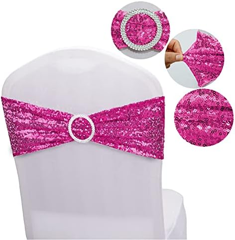 Sequin Chair Sashes Spandex, Pack of 20 Sequin Stretch with Buckle Chair Bands for Wedding Banquet Birthday Graduation Party Anniversary Prom Celebration Chair Decorations (Magenta, 20pcs)