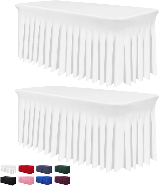 BDDC One-Piece Spandex Table Cover Skirt for 6FT Rectangle Tables | GRS-Certified Eco-Friendly Fabric, Elastic Fitted Ruffle Tablecloth, Washable, For Banquets, Weddings & Parties