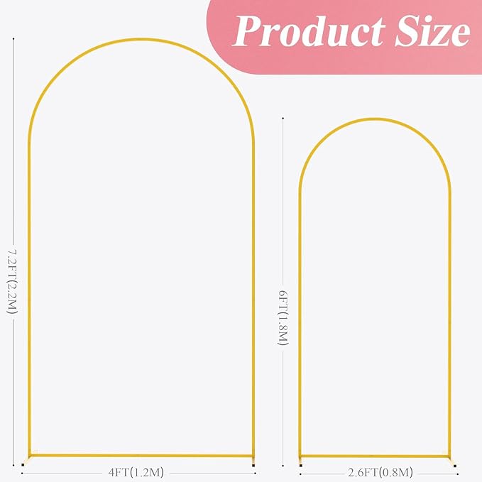Set of 2 Gold Metal Arch Backdrop Stands (7.2FT + 6FT) Wedding Arch Frame for Birthday Party, Baby Shower, Graduation Decoration, Balloon Arch Frame for Events & Celebrations