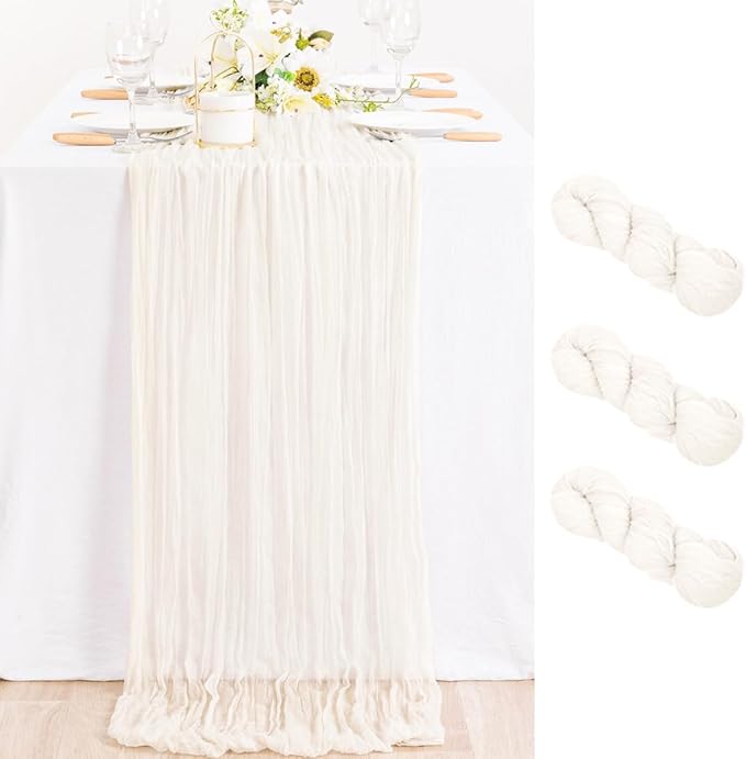MLMC 3 Pack Ivory White Table Runner Rustic Gauze Cheesecloth Table Runner 10ft Cheese Cloth Centerpiece Decor 35x120 Inches for Wedding Dessert Anniversary Bridal Baby Shower Decor