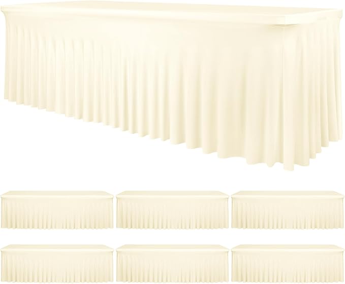 fani 6 Packs Ivory Stretch Table Skirts for 8 Foot Rectangle Table, Washable Spandex Stretch Tablecloths with Skirt, Wrinkle Resistant Fitted Tablecover for Wedding Party Banquet