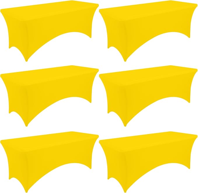 Moosfor Spandex Elastic Fitted 8FT Rectangle Tablecloth 6 Pack, Stretch Washable Reusable Table Cover for Outdoor Picnic, Dining, Wedding, Banquet & Party Events (Yellow, 96Lx30Wx30H Inch)