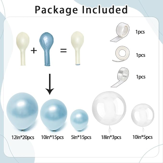 Pearl Blue Balloon Arch Double Stuffed Pastel Light Baby Blue Balloon Garland Kit Different Sizes With Clear Balloons for Birthday Wedding Bridal Baby Shower Anniversary Engagement Party Decor