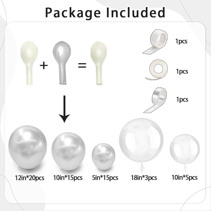 Silver Balloon Arch Kit Double Stuffed Pearl Metallic Silver Balloon Garland Different Size With Clear Balloons for Birthday Valentines Day Engagement Wedding Bridal Baby Shower Graduation Party Decor