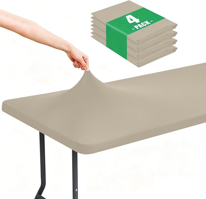 Moosfor Spandex 5 Foot Rectangle Table Cloth 4 Pack, Elastic Fitted Tablecloths for Picnic, Stretch Washable Patio Table Cover for Outdoor, Camping, Banquet and Parties (Taupe, 30"x60")