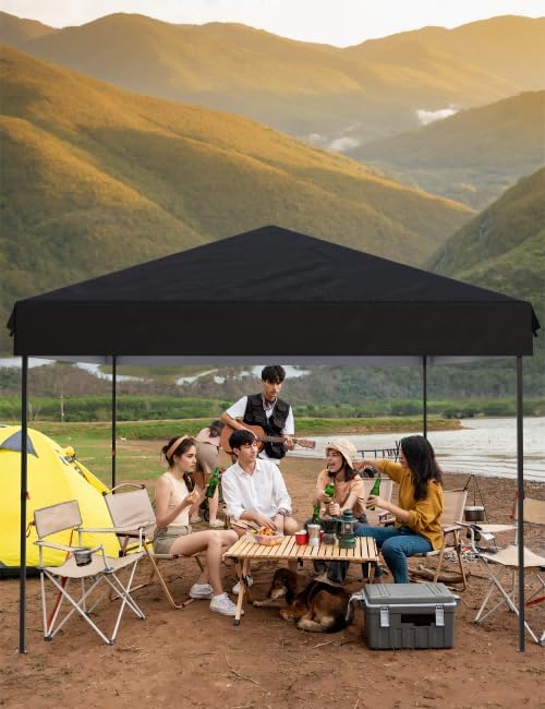 10x10 Pop Up Canopy with Removable 4 Sidewalls - Easy Up Camping Tent with One Button Push Setup - 1 Roller Bag, 3 Adjustable Height, 4 Weight Bags for Deck, Garden, Sports, Beach, Party - Black
