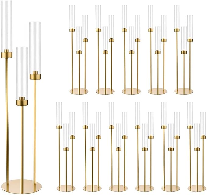 Vincidern 12pcs Candelabra 3 Arm, Wedding Centerpieces for Tables, 33.8'' Tall Candle Holder Gold Table Centerpieces for Wedding, Party, Event, with Acrylic Lampshade, Fit LED Taper Candles