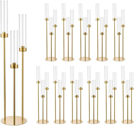 Vincidern 12pcs Candelabra 3 Arm, Wedding Centerpieces for Tables, 33.8'' Tall Candle Holder Gold Table Centerpieces for Wedding, Party, Event, with Acrylic Lampshade, Fit LED Taper Candles