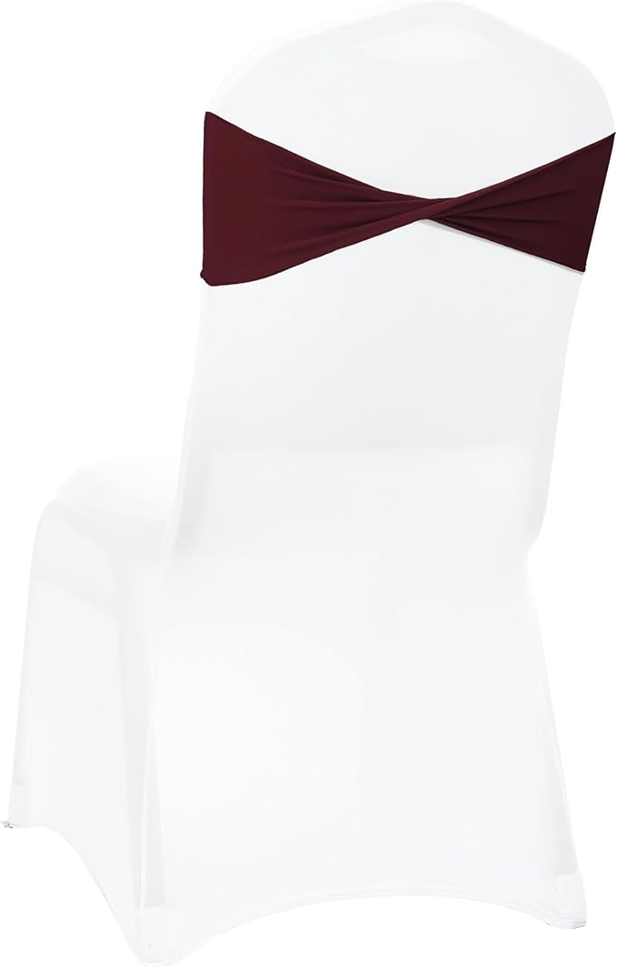 MDS Pack of 25 Spandex Chair Sashes Bows Elastic Stretch Dining Chair Bands Ties Without Slider Buckle Universal fits for Wedding Baby Shower Birthday Party Banquet Event Decoration - Burgundy