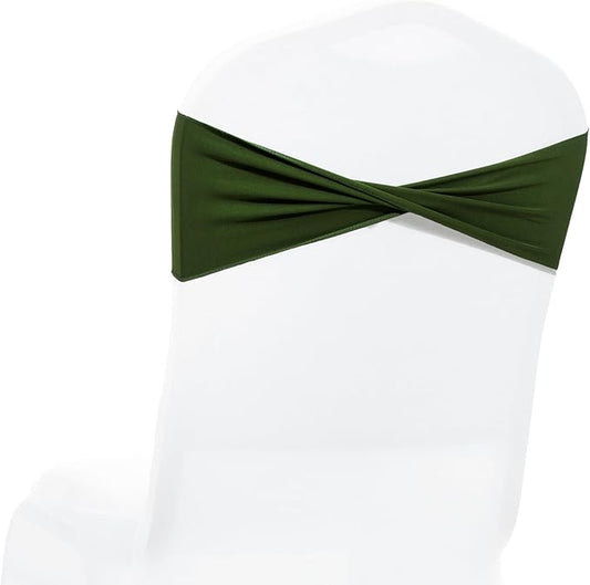 MDS Pack of 25 Spandex Chair Sashes Bows Elastic Stretch Dining Chair Bands Ties Without Slider Buckle Universal fits for Wedding Baby Shower Birthday Party Banquet Event Decoration - Olive Green