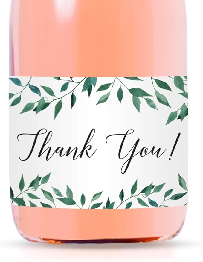 Andaz Press Mini Champagne Wine Bottle Labels, Thank You!, Greenery Green Leaves, 20-Pack, Mini Champagne Favor Gift Labels Baby Shower Bridal Shower Bachelorette Party