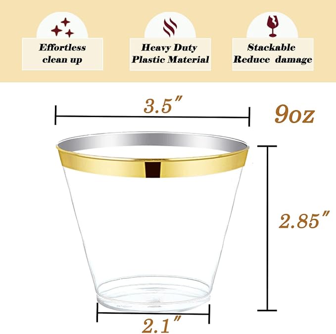 WDF 200 Pack Gold Plastic Cups - 9 Oz Elegant Clear Plastic Cups Gold Rimmed - Fancy Disposable Party Cup Wedding Cup Drinking Tumblers Cocktail Glasses for Thanksgiving