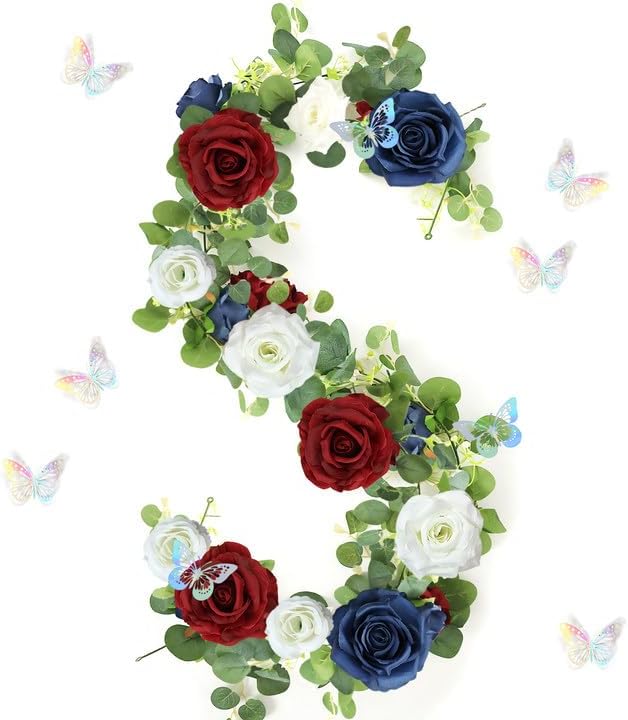 5.9 FT Artificial Eucalyptus Flower Garland with Butterflies - Fake Rose Faux Greenery Eucalyptus Garlands for Wedding Table Backdrop Arch Centerpieces Decorations - Navy Blue & Burgundy& White