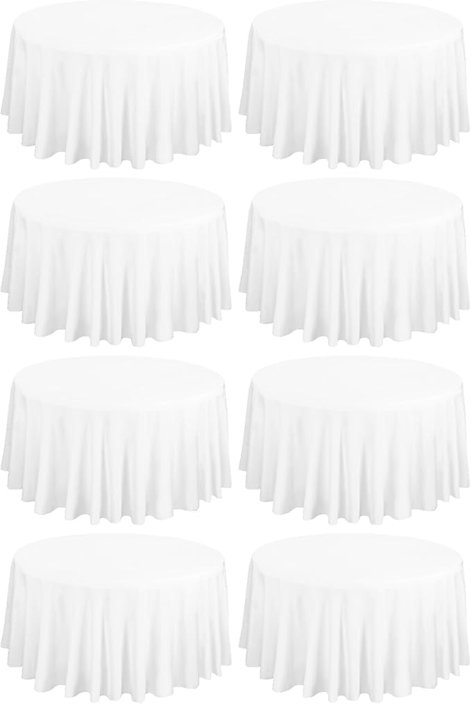 fani 8 Pack 108 Inch Round Tablecloth, White Polyester Fabric Table Cloth for Round Table, Stain and Wrinkle Washable Table Cover for Wedding Party Dining Table Buffet Banquet Restaurant and Camping
