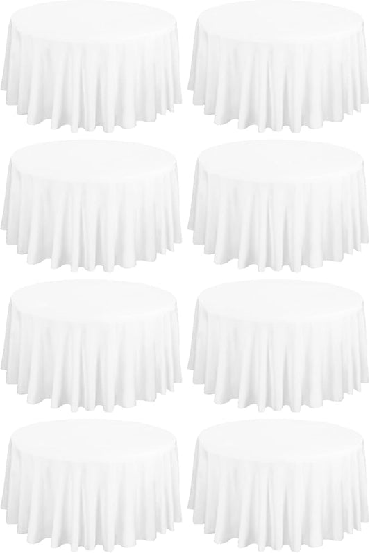 fani 8 Pack 108 Inch Round Tablecloth, White Polyester Fabric Table Cloth for Round Table, Stain and Wrinkle Washable Table Cover for Wedding Party Dining Table Buffet Banquet Restaurant and Camping