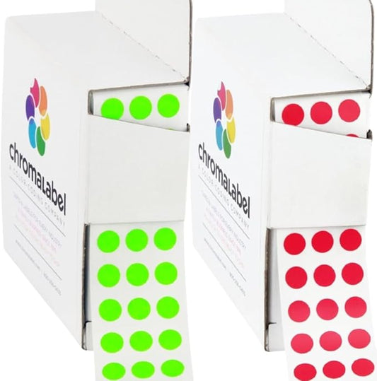 ChromaLabel 1/4 Inch Circle Sticker Labels, Small Dot Stickers with Handy Dispenser, Fluorescent Green and Red Adhesive Dots for Color Coding - 1000 Sticky Dots, Fluorescent Green and Red Labels