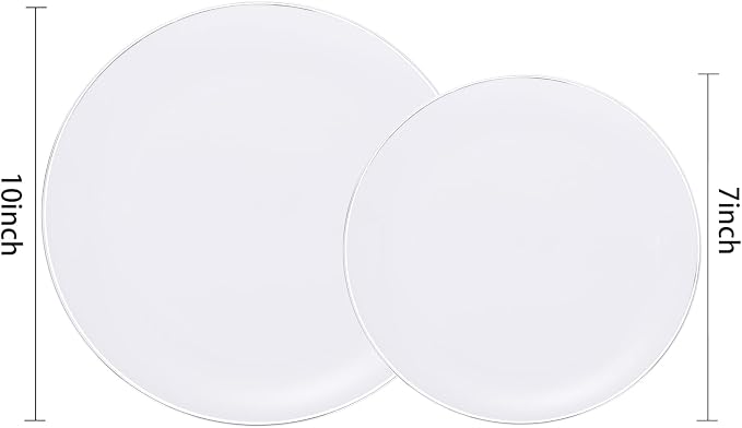 KIRE 200PCS Silver Plastic Plates - White Plastic Plates with Silver Rim Include 100 Dinner Plate and 100 for Dessert/Salad Plate for Birthday/Wedding/Party/Father's Day