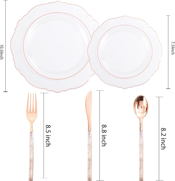 Liacere 150PCS Rose Gold Plastic Plates - Clear Rose Gold Disposable Plates with Glitter Bamboo Handle Cutlery - 60 Baroque Elegant Plates, 30 Forks, 30 Spoons, 30 Knives for Wedding ＆ Mothers Day