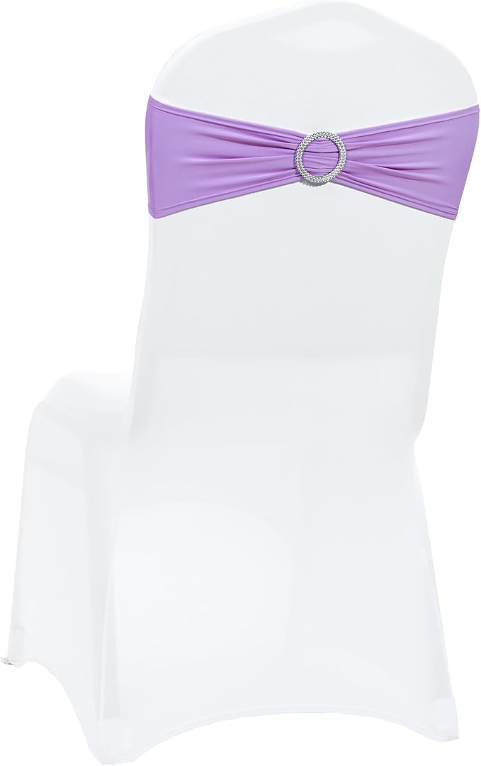 VDS - Lavender | Spandex Chair Sashes Bows | 25 PCS | Stretch Elastic Banquet Universal Folding Chair Band Tie with Silver Buckle Slider for Wedding Party Conference Celebration Event Decoration