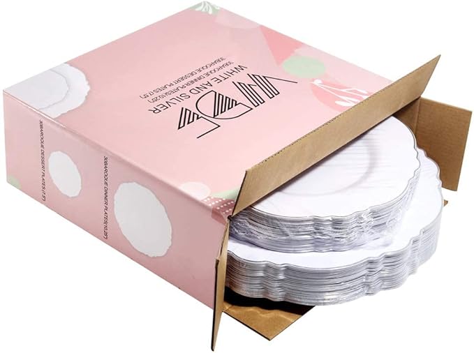WDF 60pcs Silver Plastic Plates-Baroque White &Silver Plates for Upscale Parties &Wedding-including 30Plastic Dinner Plate 10.25inch, 30 Salad Plate 7.5inch for Baby Shower Wedding Spring