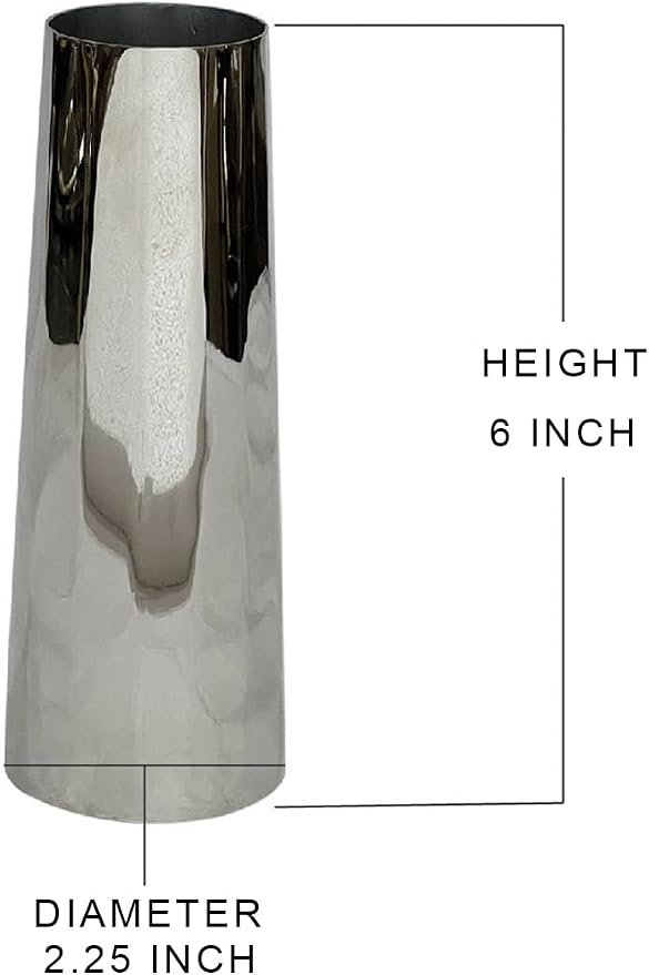 Serene Spaces Living Small Silver Cylinder Metal Vase, Elegant Flower Vase for Wedding, Anniversary, Home Decor, Table Centerpiece for Coffee Table, Dining Table, Countertop, 2.25" Diameter & 6" Tall