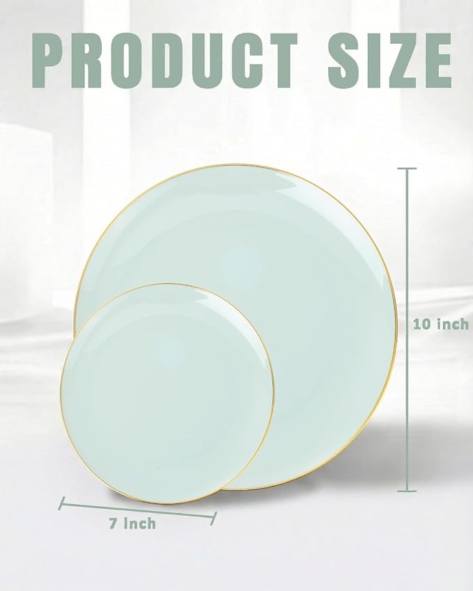 bUCLA 100PCS Green Plastic Plates - Sage Green Disposable with Gold Rim - Include 50 Pieces 10 inch Dinner & 50 Pieces 7 inch Dessert Plates, Ideal for Party, Daily Use & Spring