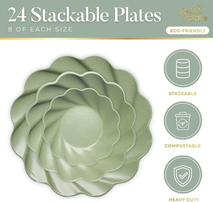 Eco-Friendly Compostable Party Plates - 24 Piece Set in 3 sizes. 8 XL Plates, 8 Dinner Plates, 8 Salad Plates- Made Of Bamboo Wood Fiber, and Sugarcane- Sturdy, Heavy Duty & Stunning - Sage