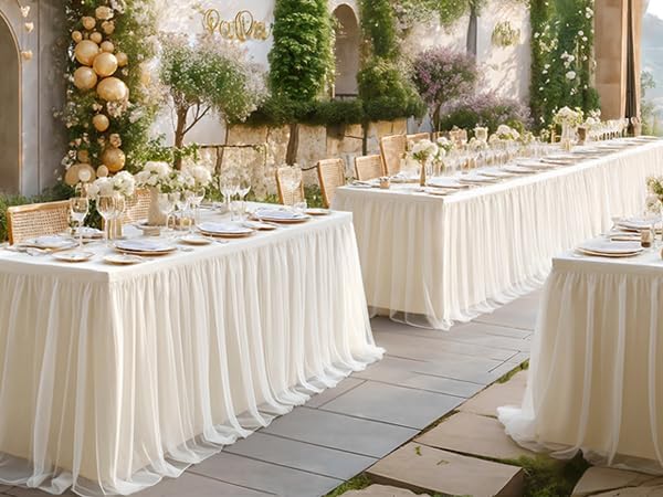 2 Pack Ivory Tablecloths for 8 Foot Rectangle Tables with Tulle Table Skirt Wedding Table Cover Stretchy Fitted Ruffle Tutu Tablecloth for Baby Shower Reception Birthday Parties Celebration Banquet