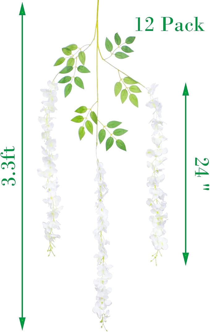 AITISOR 12 Pack Artificial Flowers Silk Wisteria Vine Ratta Hanging Flower (White)
