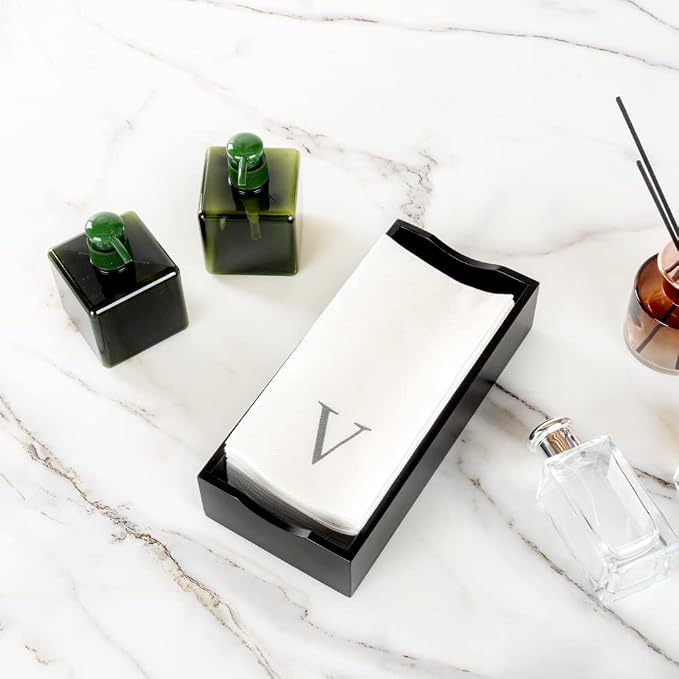Luxenap 15.8 X 7.9 Inch Linen-Feel Guest Towels, 50 Lettered Hand Towels - Silver Letter 'V', Sans Serif Font, White Paper Dinner Napkins, airlaid, For Restrooms And Tables - Restaurantware