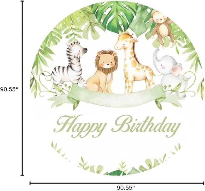 Jungle Animals Birthday Round Backdrop 7.5ft Happy Birthday Circle Backdrop Cover Tropical Green Leaves Safari Animals Theme Birthday Party Decor Cake Table Banner Kids Photo Booth Shoot Props