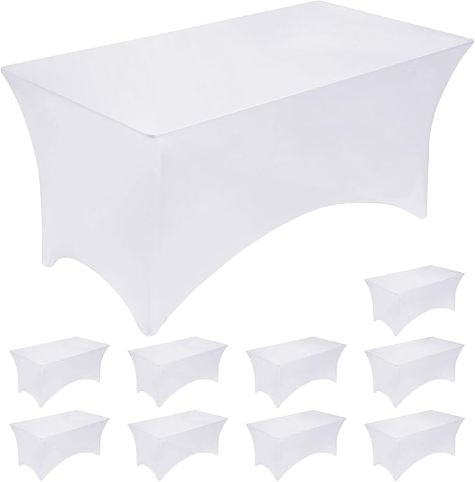 Fixwal 10 Pack 8Ft White Table Cover, Spandex Fitted Tablecloths Rectangle, Wrinkle-Free and Stretch Folding Table Cloth for Banquet, Wedding, Party, Trade Show