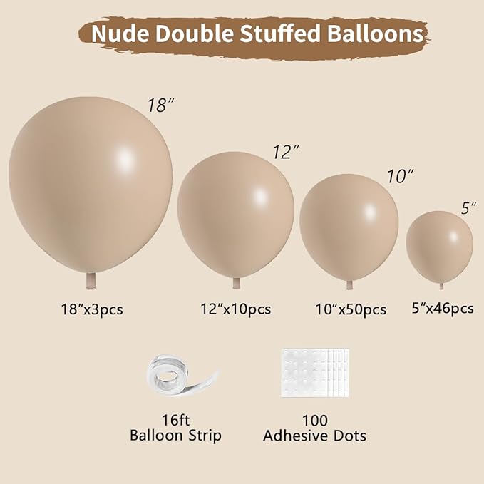 Nude Beige Double Stuffed Balloons Different Size 115Pcs 5/10/12/18" Tan Apricot Nude Balloon Arch Garland kit for Boho Birthday Baby Shower Bridal Shower Gender Reveal Bear Neutral Party