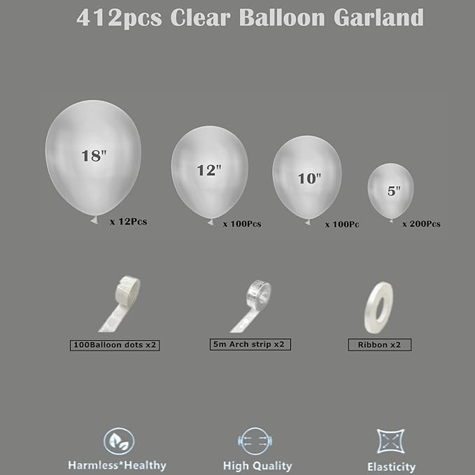 412pcs Clear Balloon Garland Arch Kit 18 12 10 5 Inch Different Sizes Matte Latex Crystal Transparent Balloons for Baby Shower Birthday Wedding Graduation Anniversary Party Decoration