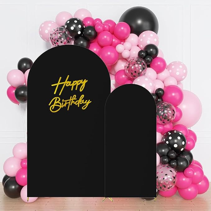 HAINARverS 6FT/7.2FT Black Arch Backdrop Cover Spandex with Glitter Gold Happy Birthday Sign for Wedding Birthday Party Ceremony Banquet Decoration(Black)