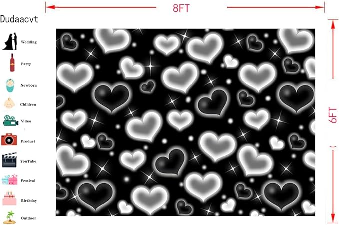 Dudaacvt 8X6FT Black Heart Photo Backdrop 90s Backdrops for Photoshoot Valentine's Day Backdrop Women Men Happy Birthday Photography Background Banner Photo Booth Studio Props D695