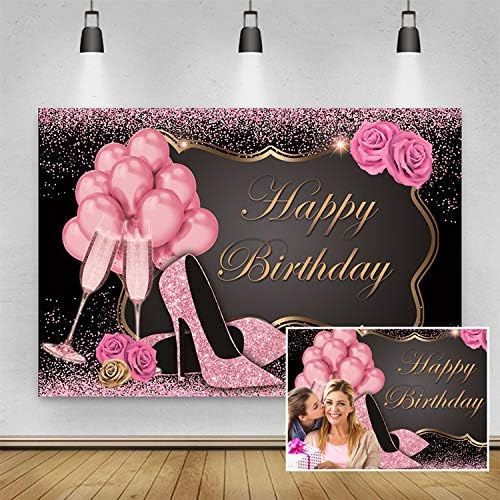 Rose Gold Glitter Happy Birthday Backdrop,Yeele 7x5ft Sweet Pink Balloons Sequin High Heels Champagne Flower Birthday Photography Background for Women Girl Party Supplies Cake Table Decoration Banner